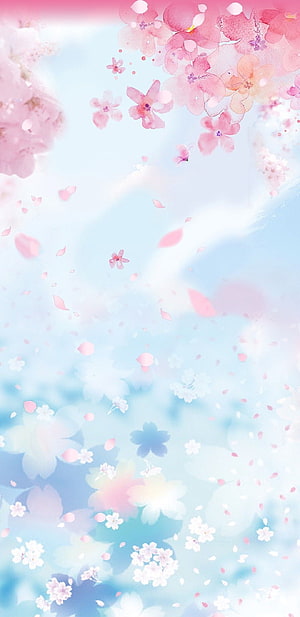 Dreamy Pink Cherry Blossoms Falling Against Soft Blue Sky HD phone wallpaper