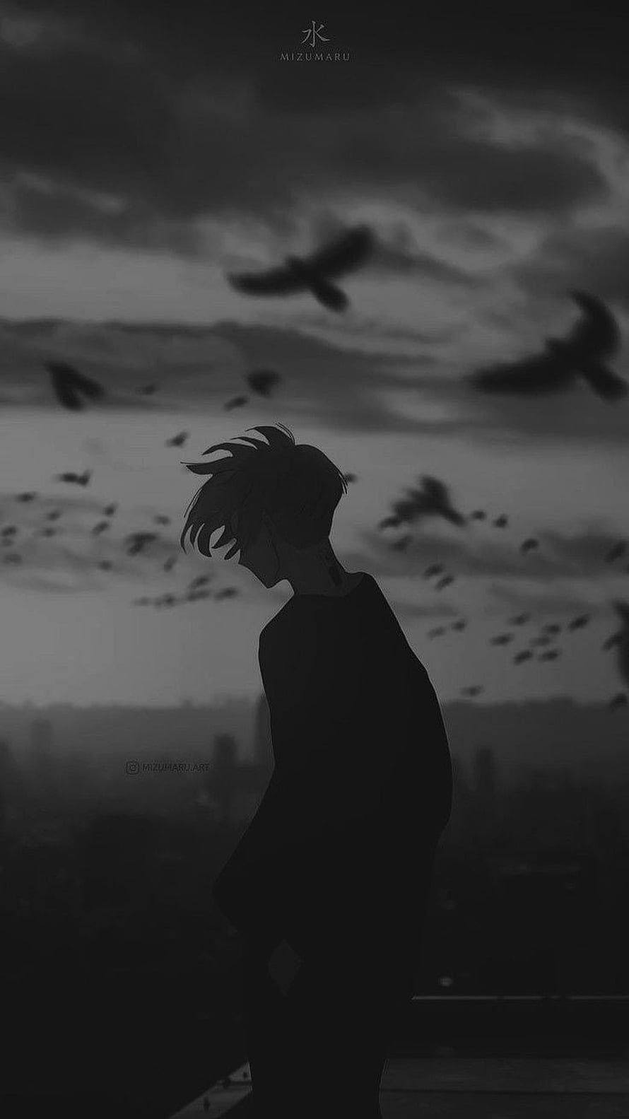 Melancholic Anime Boy Silhouette With Birds In Black And White HD phone wallpaper