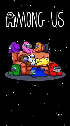 Among Us Crewmates Relaxing on a Couch in Space with Laptops and Games HD phone wallpaper