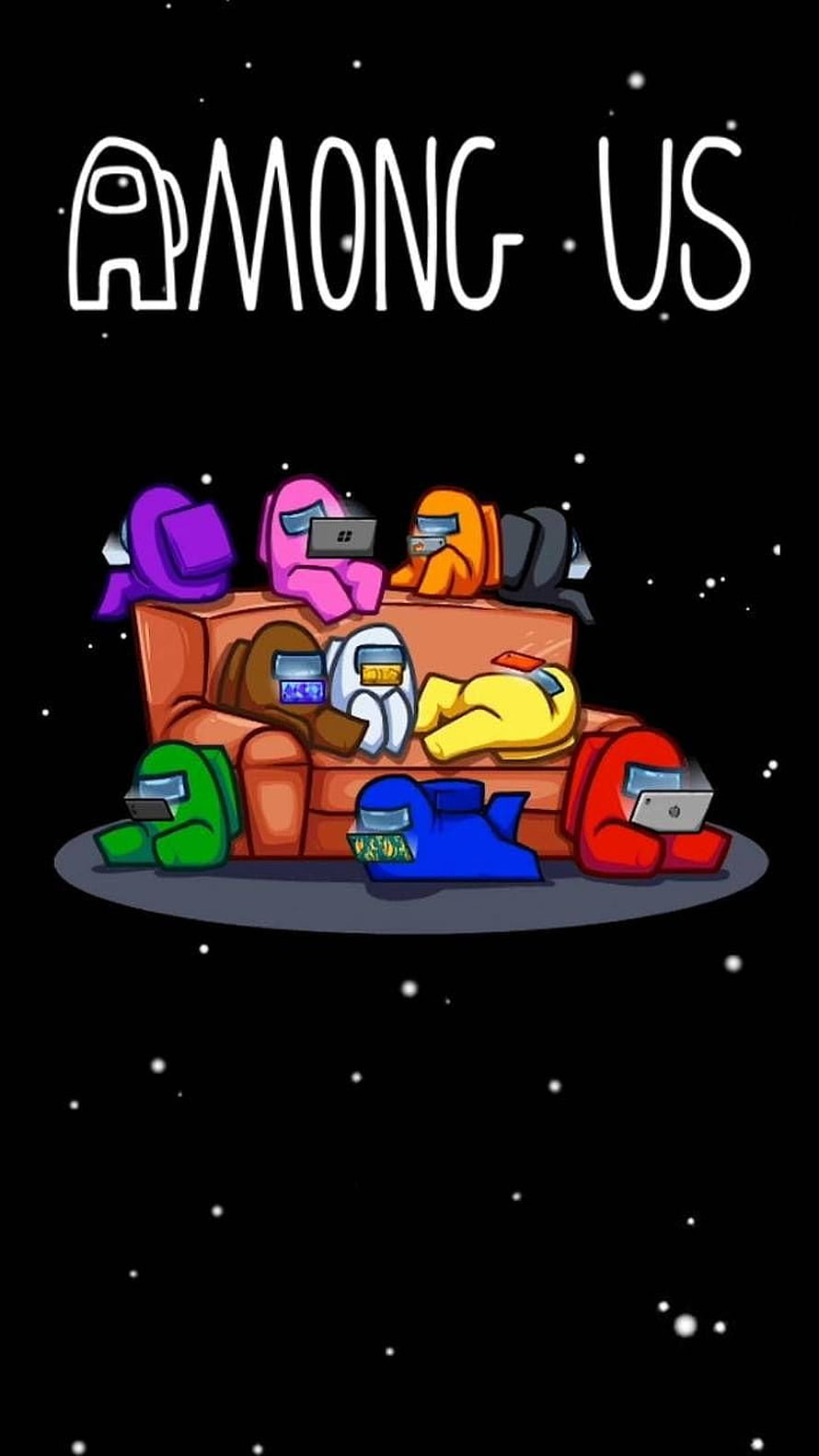 Among Us Crewmates Relaxing on a Couch in Space with Laptops and Games HD phone wallpaper
