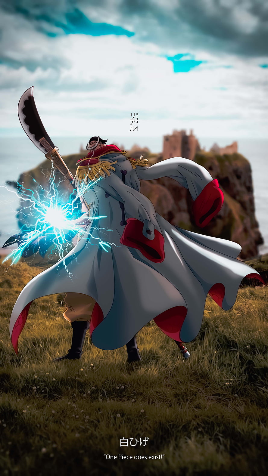 Whitebeard Wielding Sword with Lightning in One Piece Anime Scene HD phone wallpaper