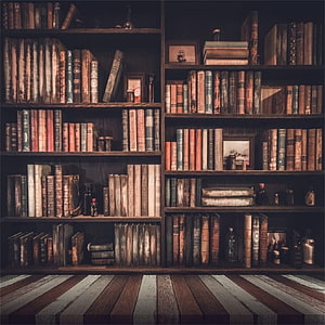 Vintage Library Bookshelf with Antique Books and Wooden Floor HD phone wallpaper