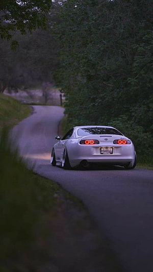 White Toyota Supra Driving on Winding Forest Road at Dusk HD phone wallpaper