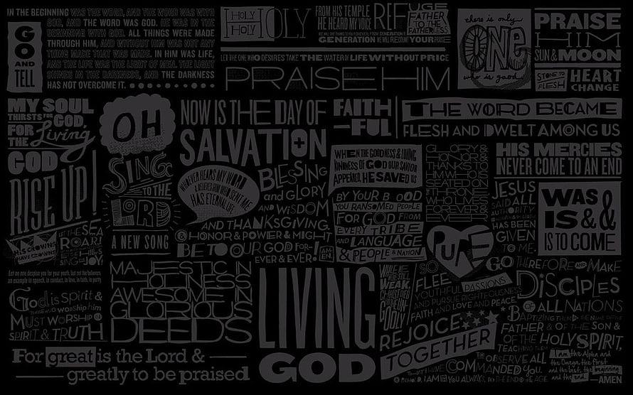 Christian Typography Word Cloud with Biblical Verses and Faith Phrases on Dark Background HD wallpaper
