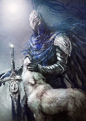 Artorias and Sif from Dark Souls in a moody painterly fantasy illustration HD phone wallpaper