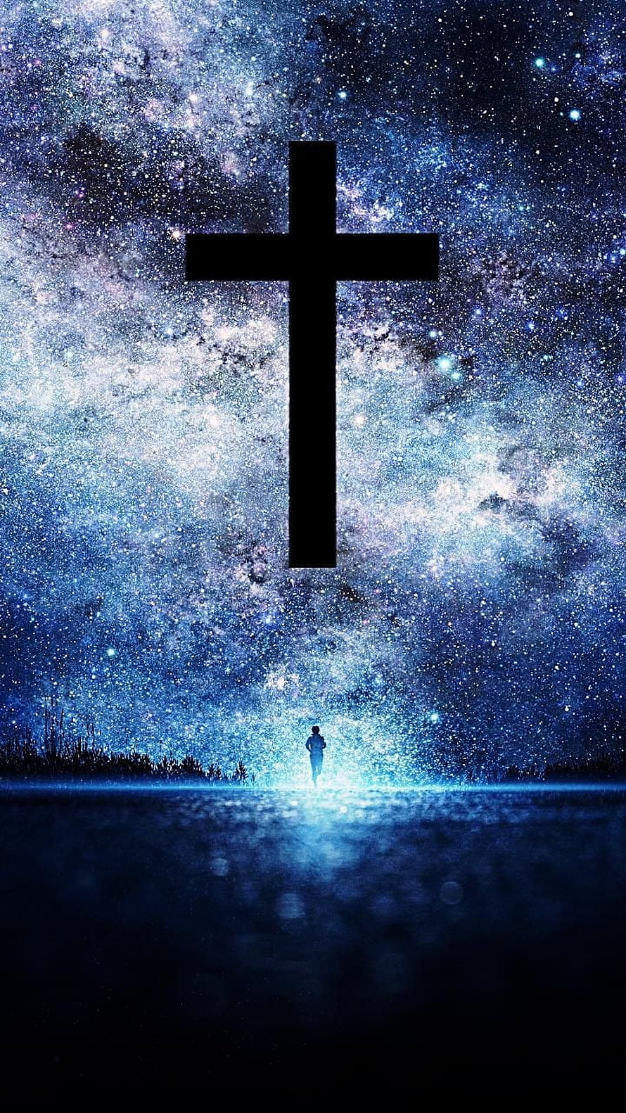 Silhouette of a person standing under a giant cross in a starry night sky HD phone wallpaper