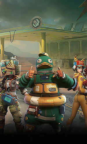 Farlight 84 Duck Character with Robot and Pilot in Post-Apocalyptic Setting HD phone wallpaper