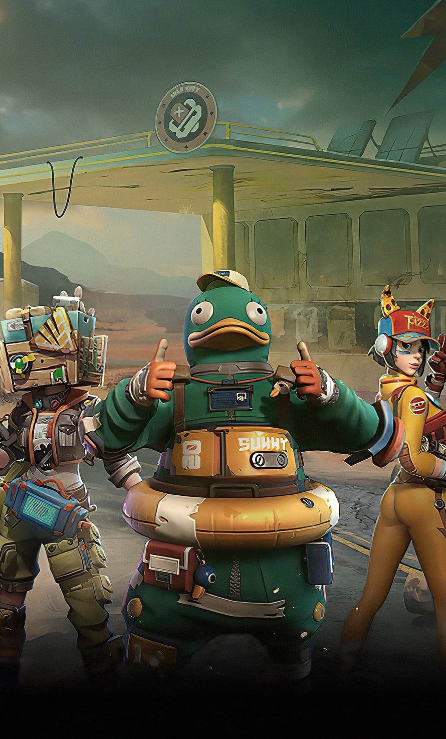 Farlight 84 Duck Character with Robot and Pilot in Post-Apocalyptic Setting HD phone wallpaper
