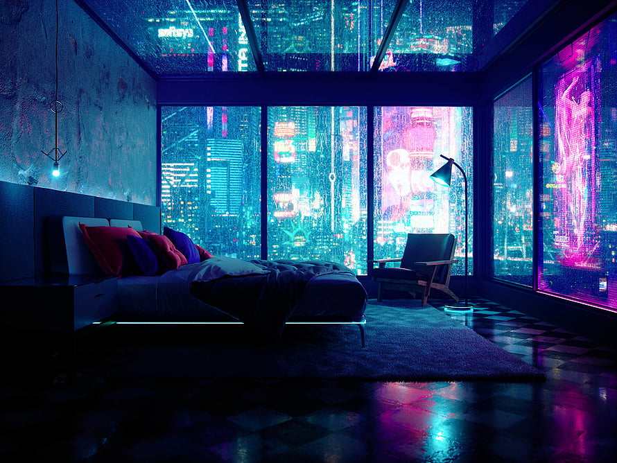 Futuristic Cyberpunk Bedroom Interior With Neon City View HD wallpaper
