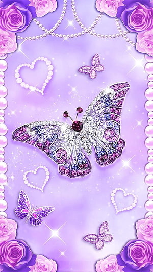 Sparkling Diamond Butterfly Brooch with Purple Roses and Pearl Hearts on Lavender Background HD phone wallpaper
