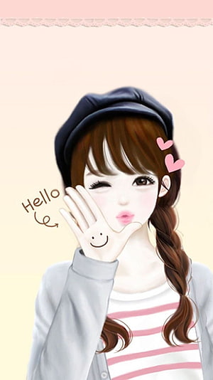 Cute Anime Girl Waving Hello with Beret and Braid HD phone wallpaper