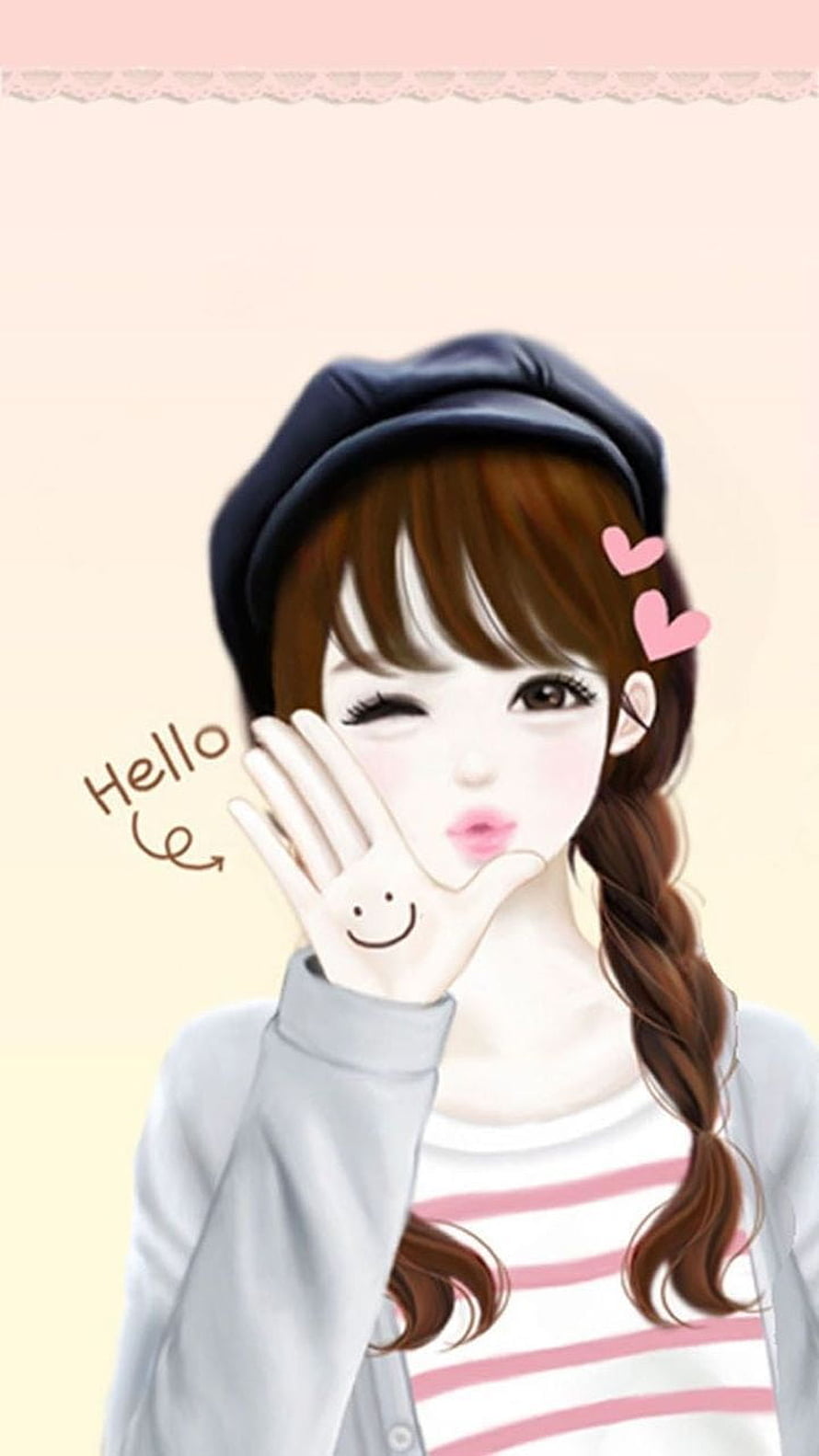 Cute Anime Girl Waving Hello with Beret and Braid HD phone wallpaper