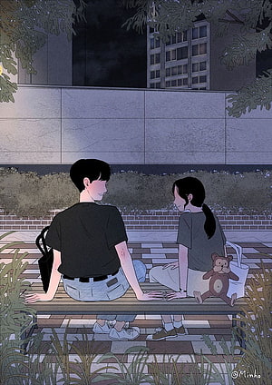 Couple Sitting on a Bench at Night in a Muted Urban Park Setting HD phone wallpaper