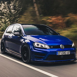 Blue Volkswagen Golf R MK7 Driving on a Scenic Road HD wallpaper