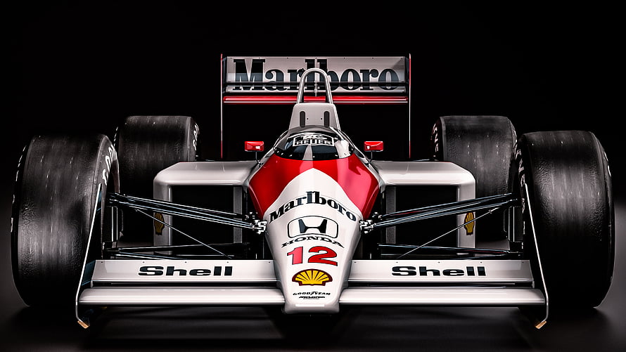 Ayrton Senna McLaren MP4/4 Formula 1 Car Front View with Marlboro and Shell Livery HD wallpaper
