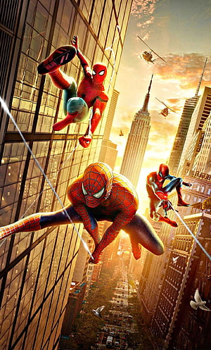 Spider-Man No Way Home Triptych Poster Featuring Three Suits Swinging Over New York City, No Way Home , Spider Man No Way Home HD phone wallpaper