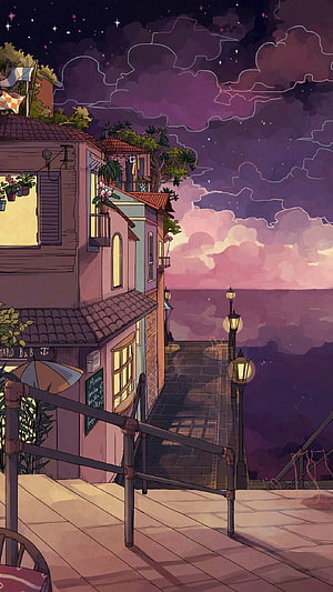Cozy seaside village street at twilight with glowing windows and purple sky HD phone wallpaper