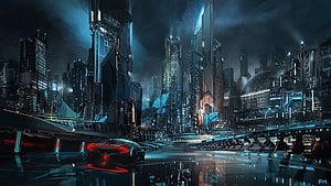 Futuristic Cyberpunk Cityscape with Neon Skyscrapers and Sleek Sports Car HD wallpaper
