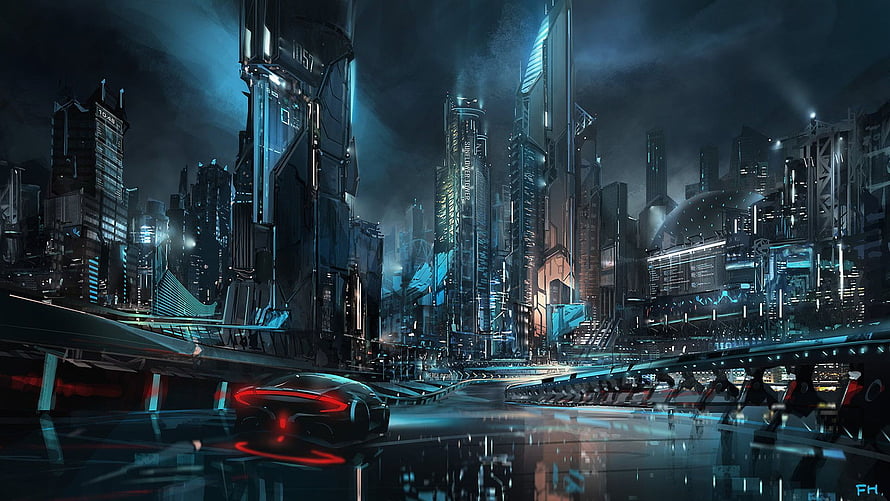 Futuristic Cyberpunk Cityscape with Neon Skyscrapers and Sleek Sports Car HD wallpaper