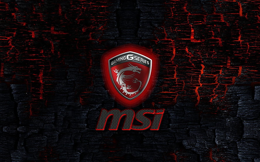 MSI Gaming Series Dragon Logo on Dark Charcoal Brick Wall with Red Accents HD wallpaper