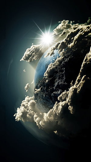 Dramatic Planet Earth Sunrise with Volumetric Clouds and Sun Flare in Deep Space HD phone wallpaper