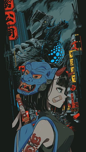 Anime girl with blue Hannya mask and Godzilla monster in neon cyberpunk city street HD phone wallpaper