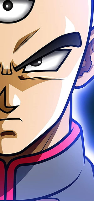 Intense Anime Warrior Close-Up with Fierce Expression and Blue Aura HD phone wallpaper