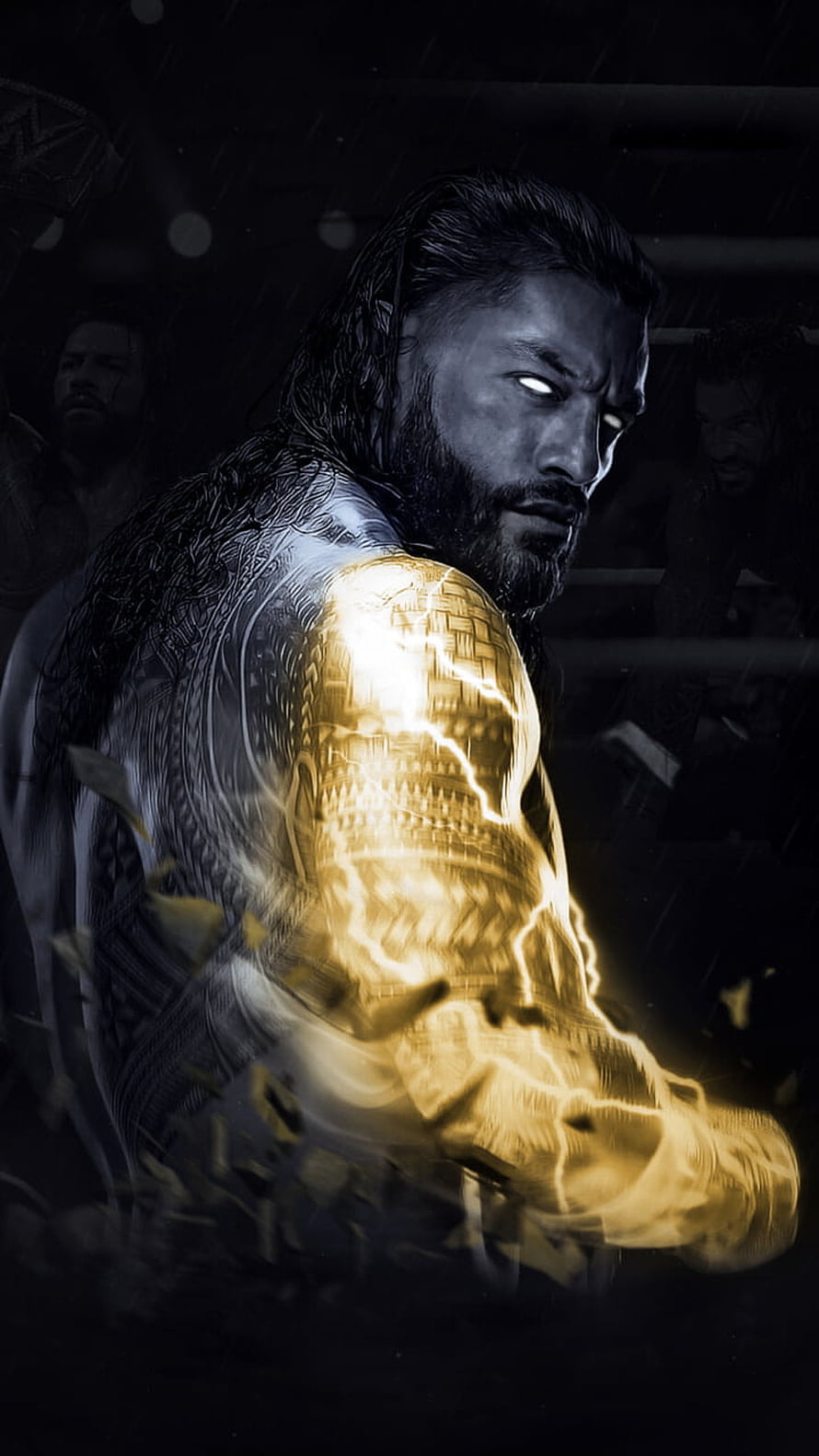 Roman Reigns glowing golden arm with lightning effects and tribal tattoos in dark dramatic lighting, Roman Reigns, The Tribal Chief, WWE HD phone wallpaper