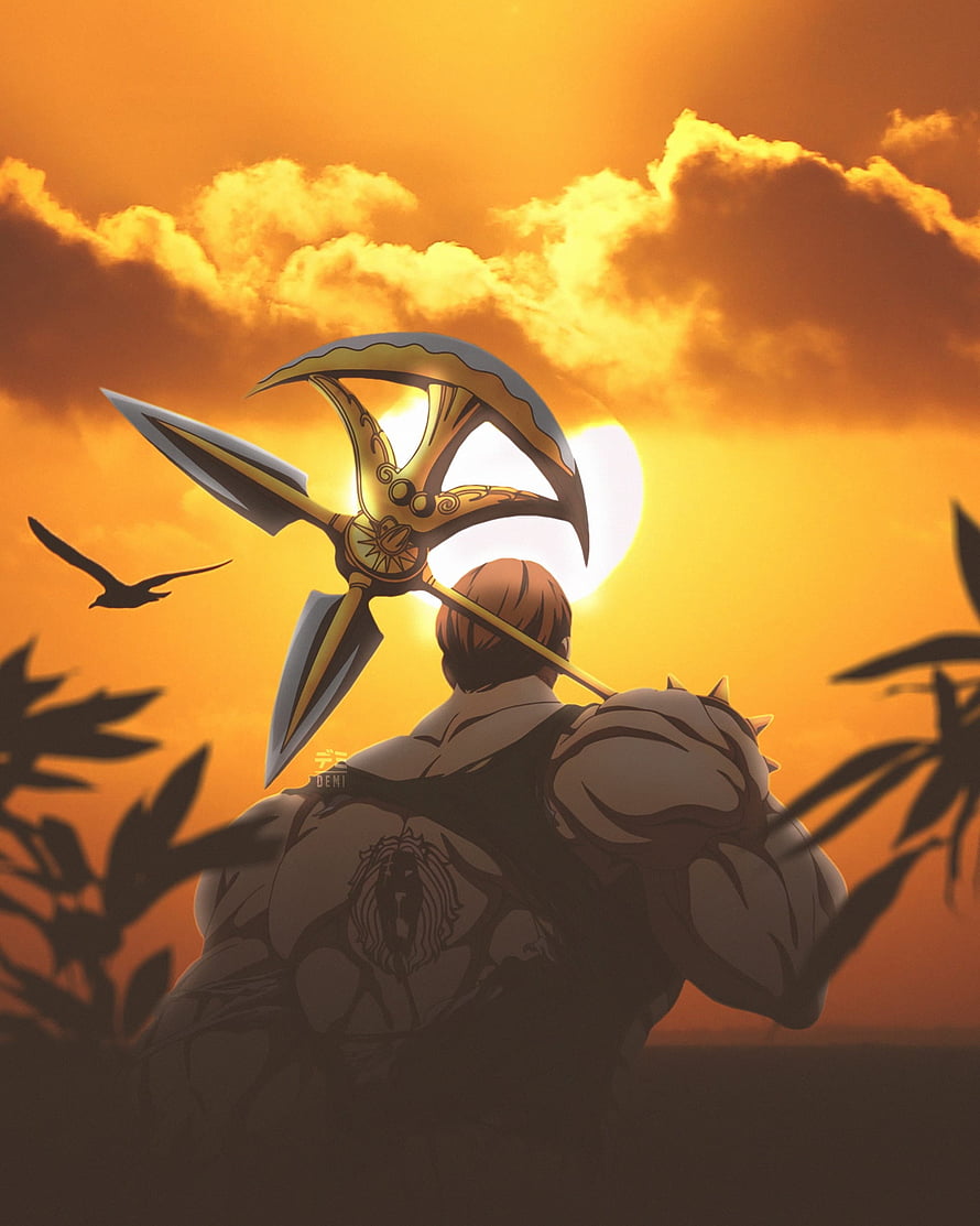 Escanor from The Seven Deadly Sins Standing Silhouetted Against a Golden Sunset HD phone wallpaper