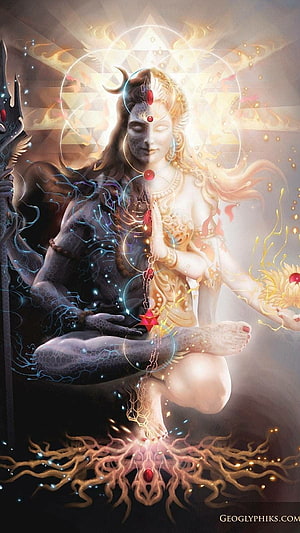 Meditating Shiva and Parvati Duality Artwork with Chakras and Roots HD phone wallpaper
