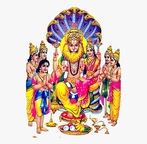 Lord Narasimha with Devotees and Snake Canopy Hindu Mythology Art HD wallpaper