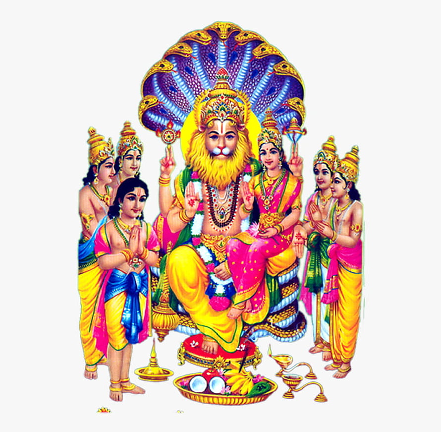Lord Narasimha with Devotees and Snake Canopy Hindu Mythology Art HD wallpaper