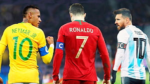 Neymar Ronaldo and Messi Standing Together on the Soccer Pitch HD wallpaper