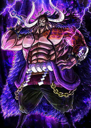 Kaido from One Piece in a powerful anime illustration with purple lightning and a fur coat HD phone wallpaper