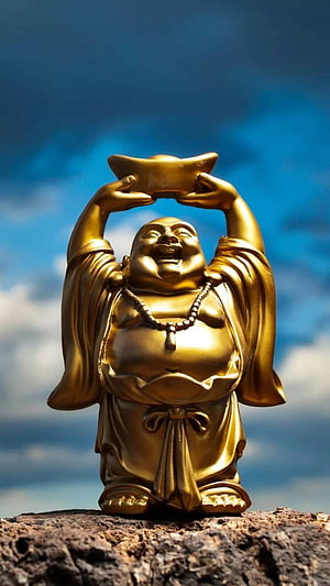 Golden Laughing Buddha Statue Holding Gold Ingot Against Blue Sky HD phone wallpaper