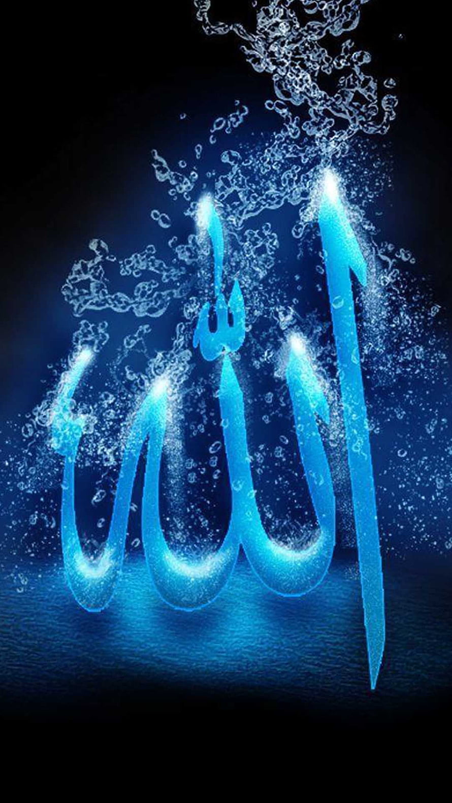 Glowing Blue Arabic Calligraphy of Allah Formed by Water Bubbles and Splashes on Dark Background HD phone wallpaper