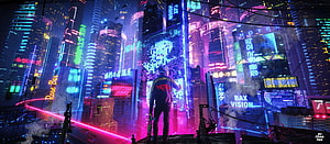 Cyberpunk Cityscape with Neon Skyscrapers and Lone Figure HD wallpaper