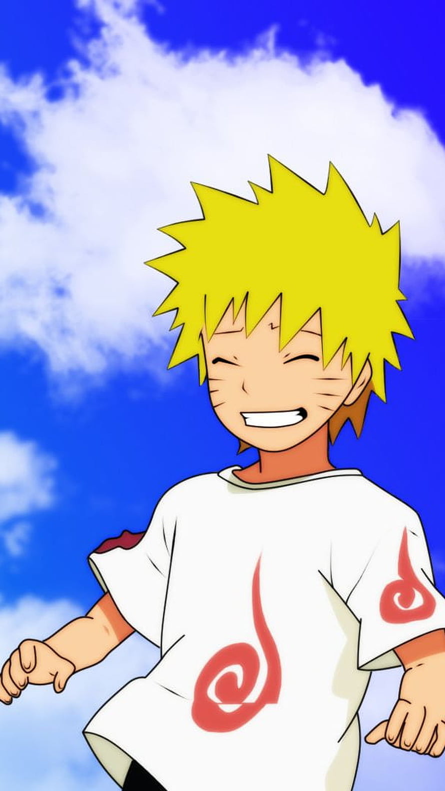 Naruto Uzumaki Smiling in White Shirt Against Blue Sky Anime Wallpaper HD phone wallpaper