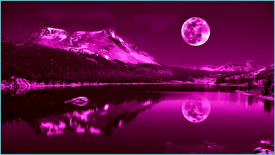 Purple Moon Over Mountain Lake With Reflections HD wallpaper