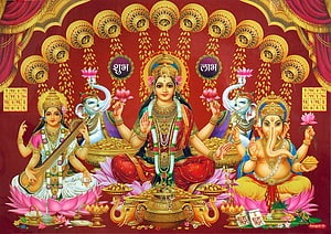 Lakshmi Ganesha Saraswati and Airavata Hindu Deities on Red Background with Gold Decorations HD wallpaper