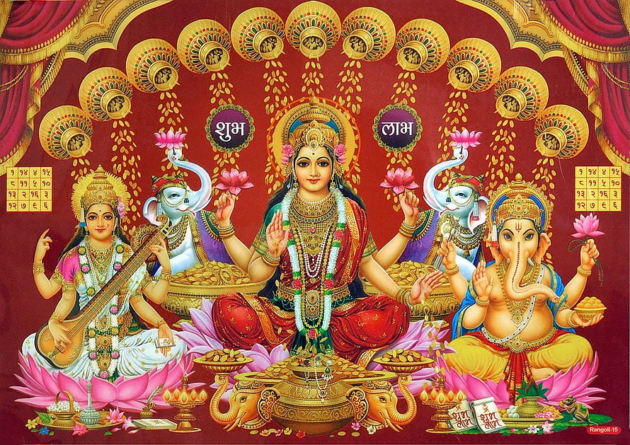Lakshmi Ganesha Saraswati and Airavata Hindu Deities on Red Background with Gold Decorations HD wallpaper