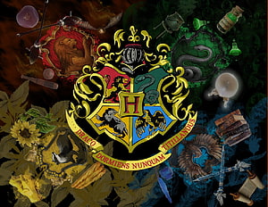 Harry Potter Hogwarts Crest with Four House Emblems and Magical Artifacts HD wallpaper