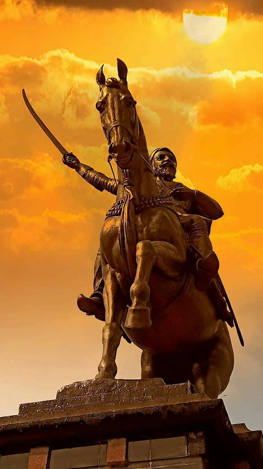 Shivaji Maharaj Equestrian Statue Against Golden Sunset Sky HD phone wallpaper