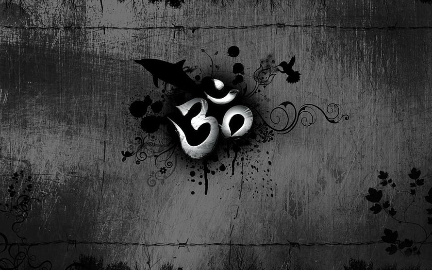 Grunge Om Symbol with Ink Splatter and Floral Swirls on Dark Textured Background HD wallpaper