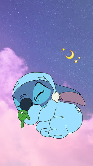 Sleepy Stitch Sleeping on Clouds Under Starry Night Sky HD phone wallpaper