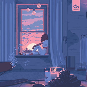 Girl Sitting on Windowsill Watching Sunset Over City in Cozy Lofi Room HD phone wallpaper