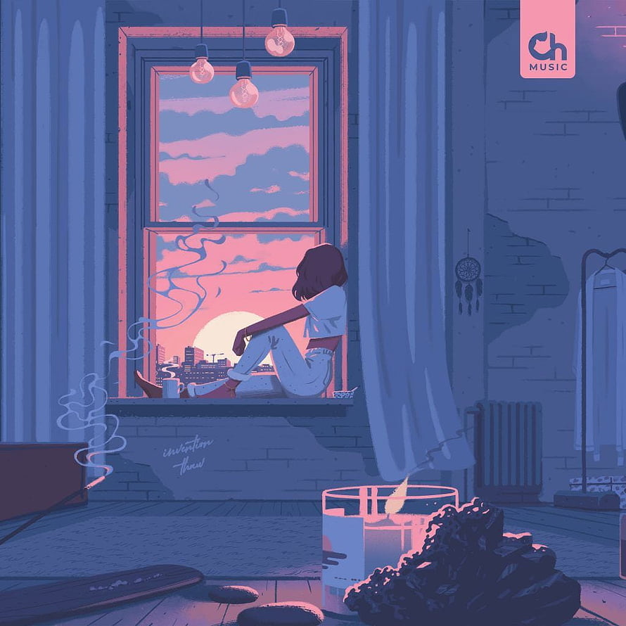 Girl Sitting on Windowsill Watching Sunset Over City in Cozy Lofi Room HD phone wallpaper