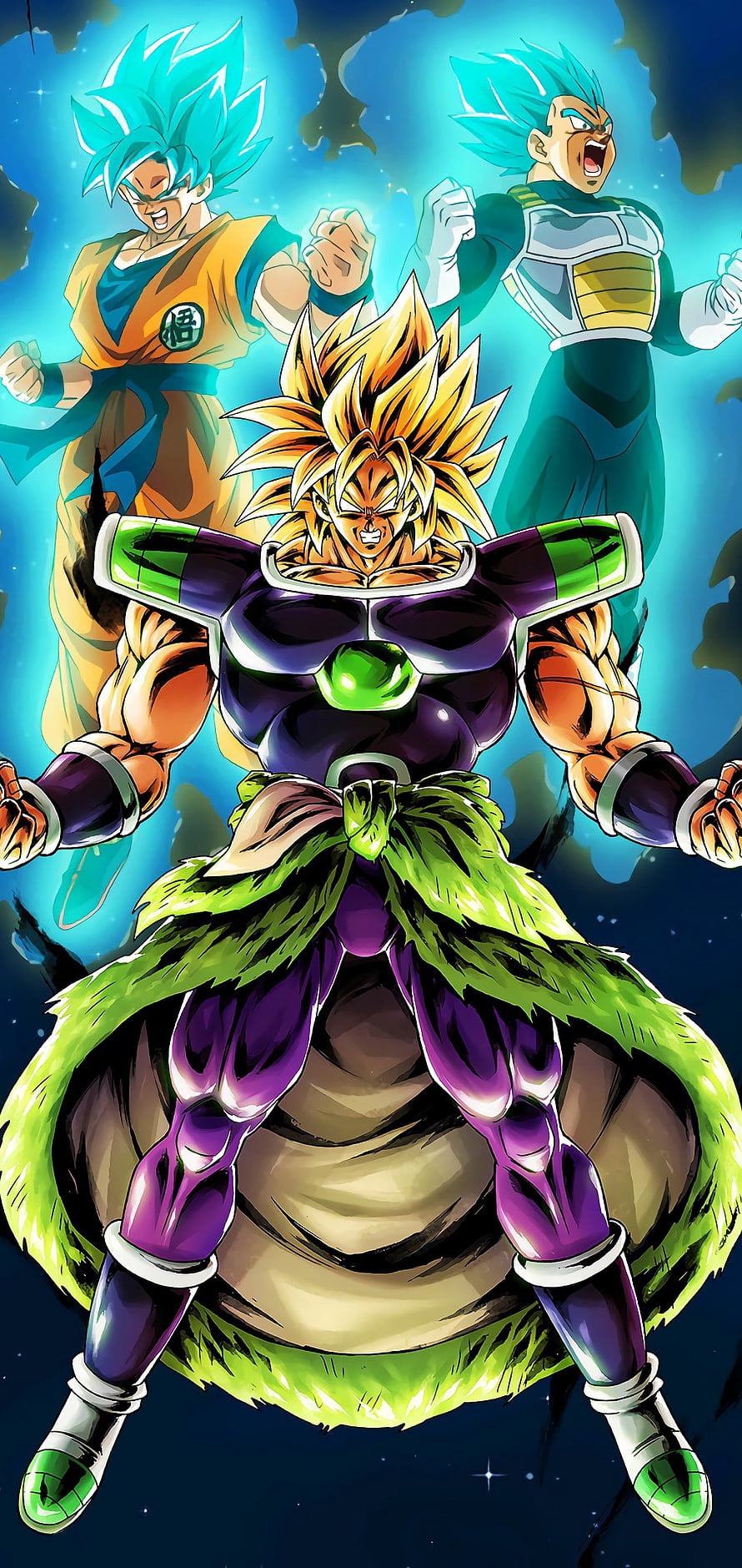 Dragon Ball Super Broly: Legendary Super Saiyan Broly with Goku and Vegeta in Blue Aura HD phone wallpaper