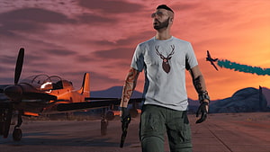 GTA V Roleplay Character Standing on Airfield at Sunset with Prop Plane and Jet in Background HD wallpaper