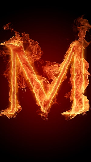 Flaming Letter M with Intense Orange Flames on a Dark Red Background HD phone wallpaper